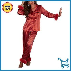 Satin Silk Pajama Set with Fur Trim, Button-Down Top & Pants